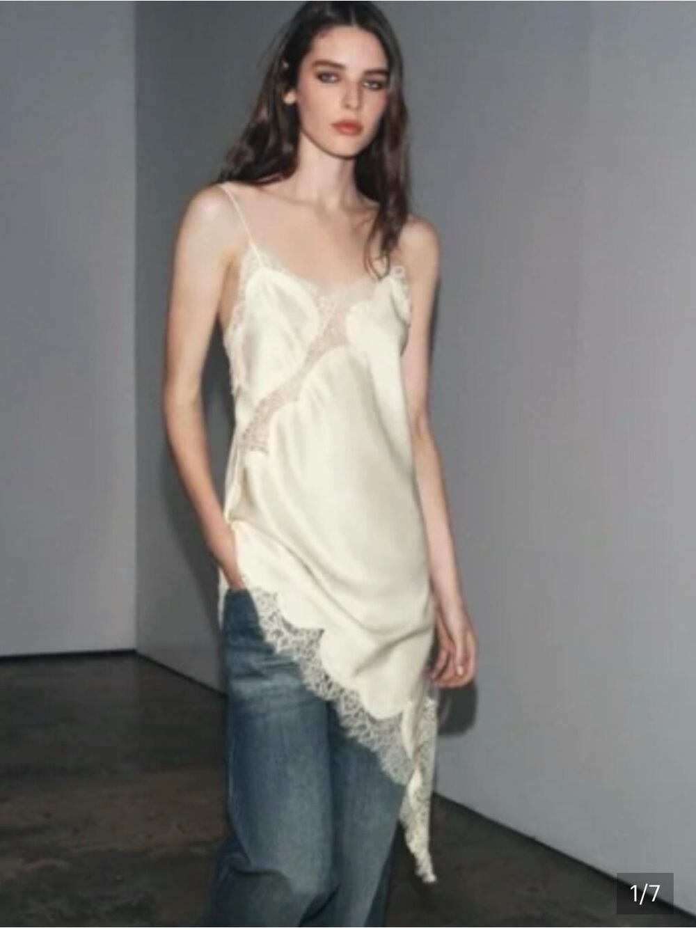 Zara Cream Lace-Trim Satin Slip Top sz M $99